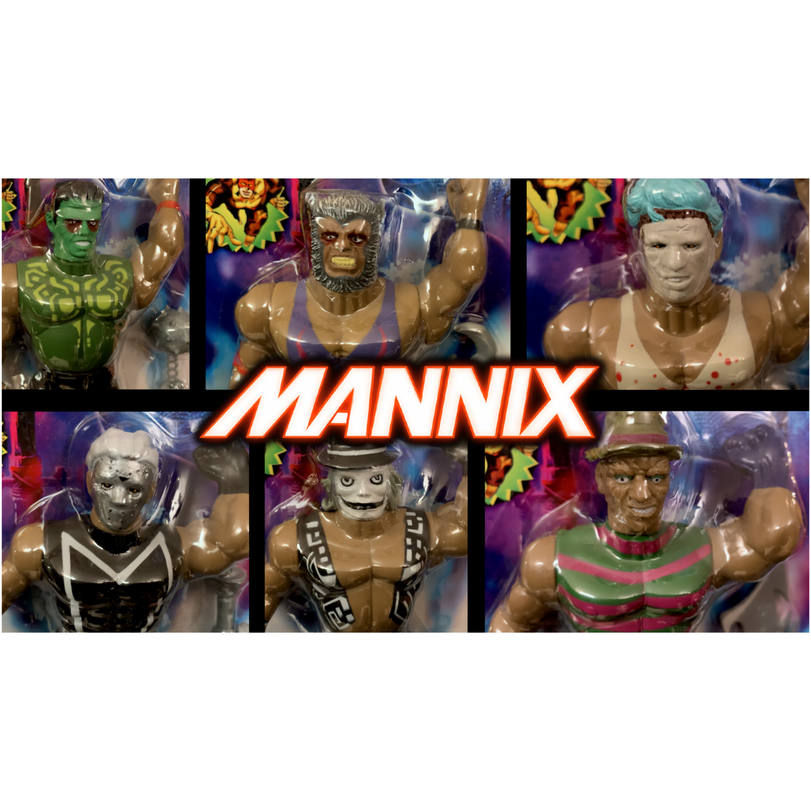 Mannix Monsters Maniacs knockoff monster wrestlers - Raymond Castile's Basement of Horror episode artwork