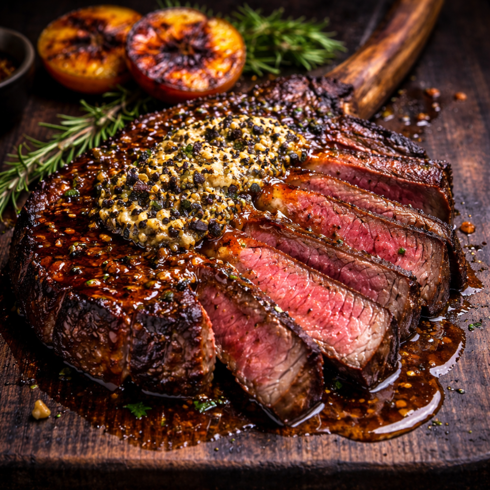 Black Garlic Butter Tomahawk with Charred Peach Glaze