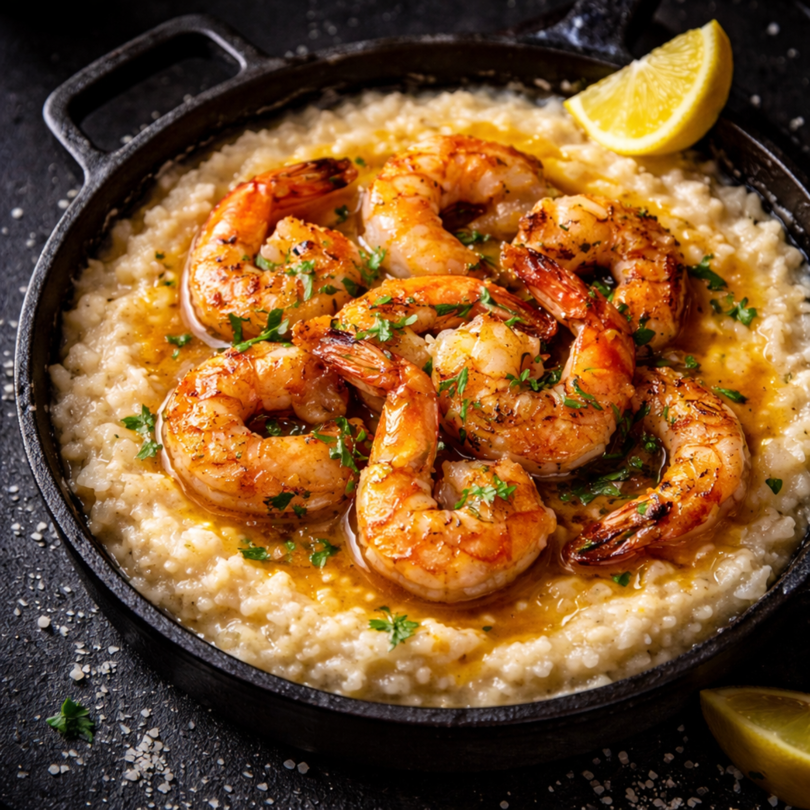 Black Garlic Butter Shrimp & Parmesan Grits (FlavorVille™)