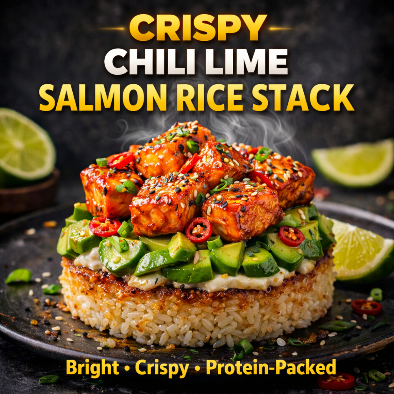 Crispy Chili Lime Salmon Rice Stack