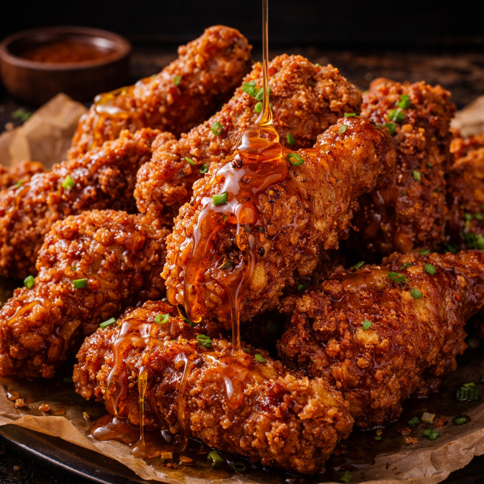 Deep Fried Pizza-Coated Chicken Wings with Cajun Honey Drizzle