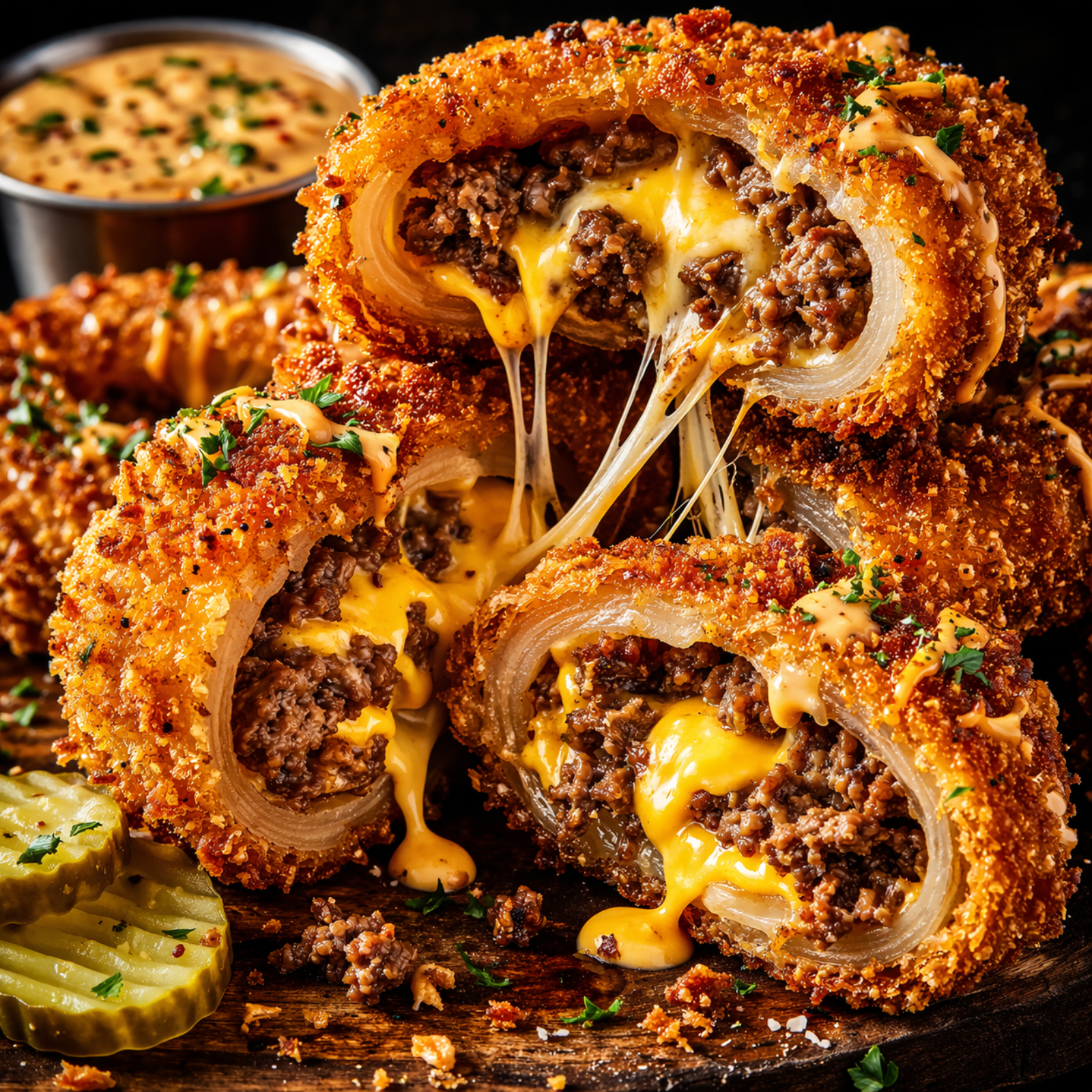 Cheeseburger Stuffed Onion Ring Bombs