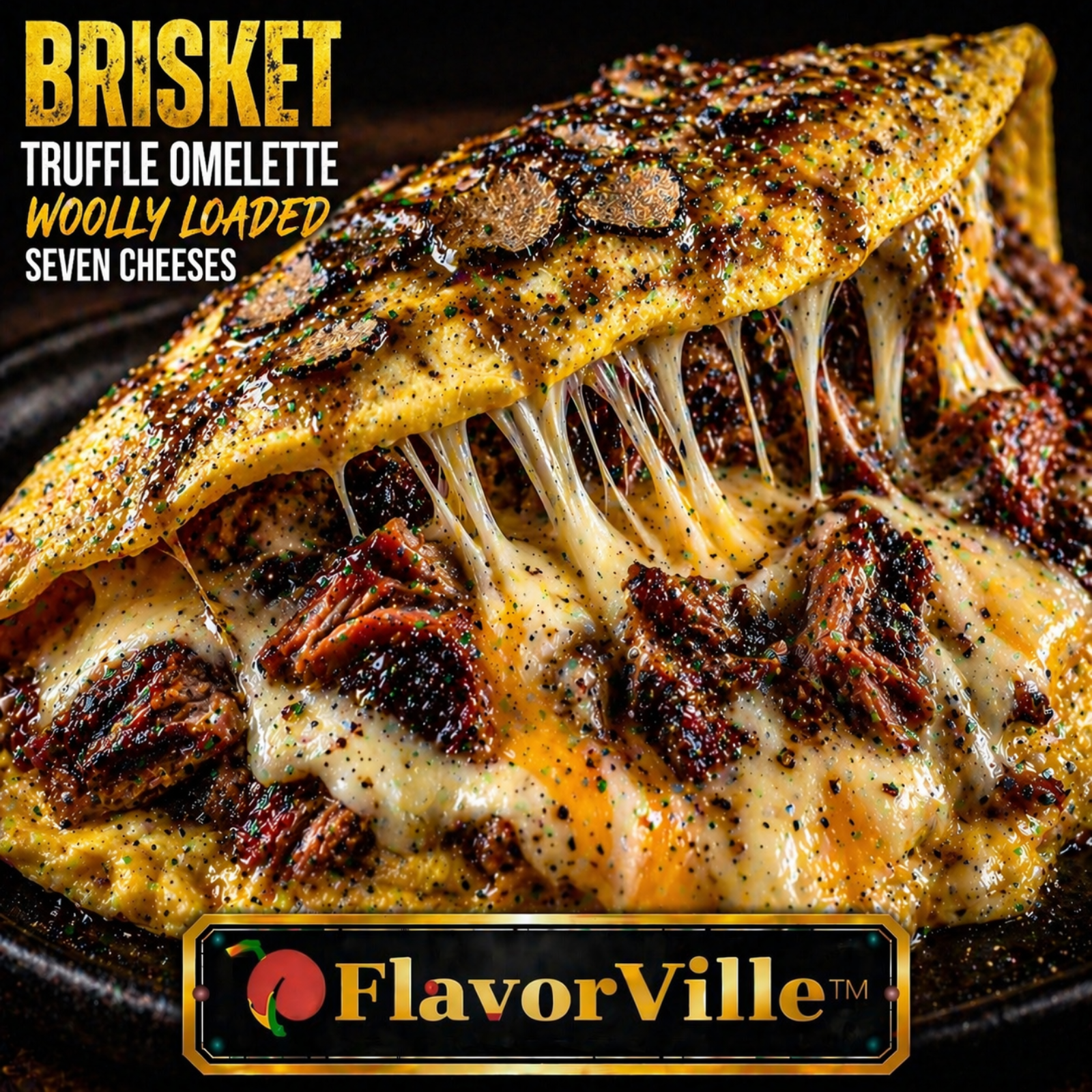 Brisket Truffle Omelette — Fully Loaded, Seven Cheese Melt 
