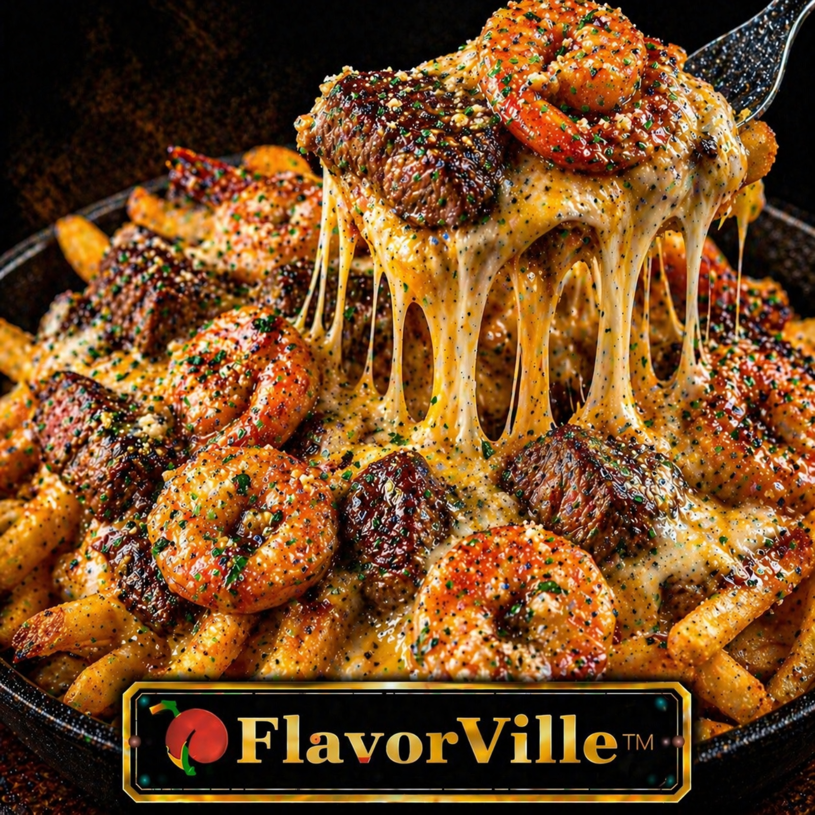 Garlic Parmesan Shrimp & Steak Loaded Fries Melt 