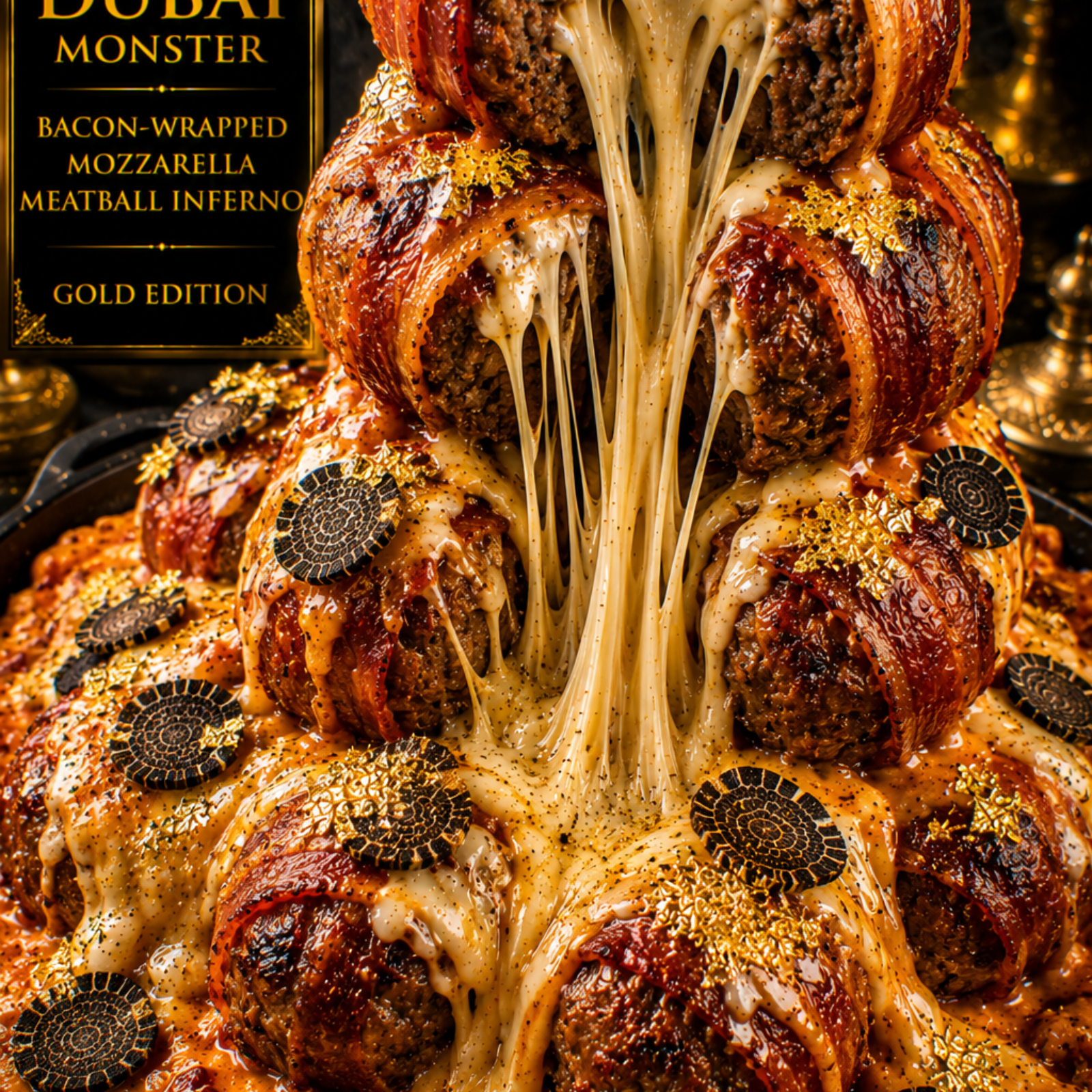 Dubai Bacon-Wrapped Mozzarella Meatball Inferno (FlavorVille™)