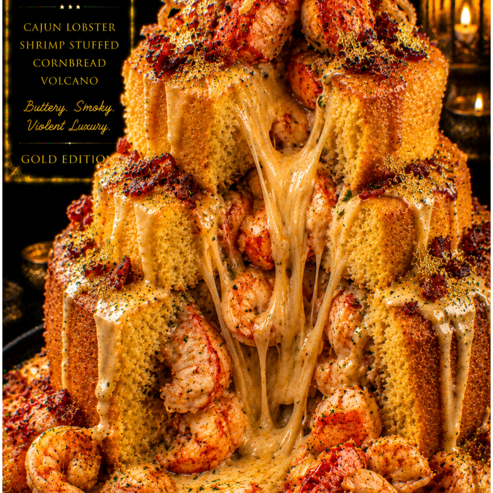 Cajun Lobster Shrimp Stuffed Cornbread Volcano (FlavorVille™)