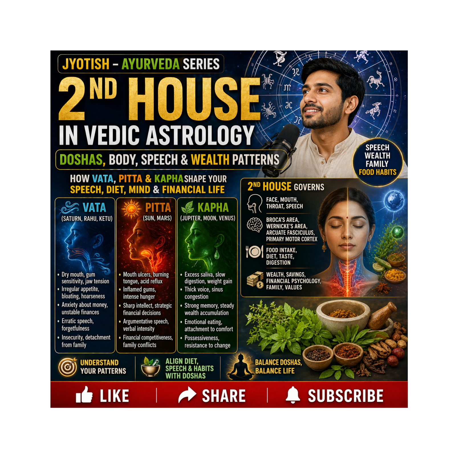 Second House Astrology & Ayurveda: Vata, Pitta, Kapha Effects on Speech, Food & Wealth