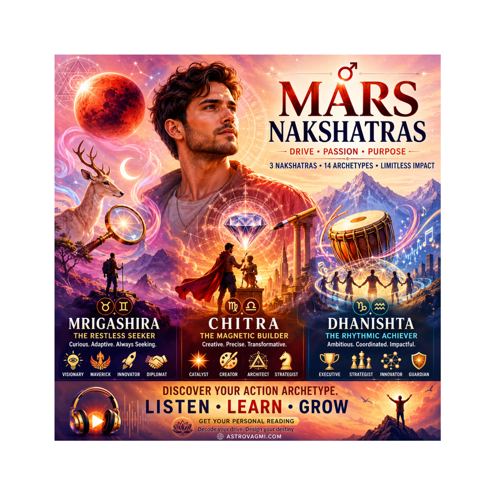 Mars Nakshatra Archetypes: Mrigashira, Chitra & Dhanishta Psychology Decoded
