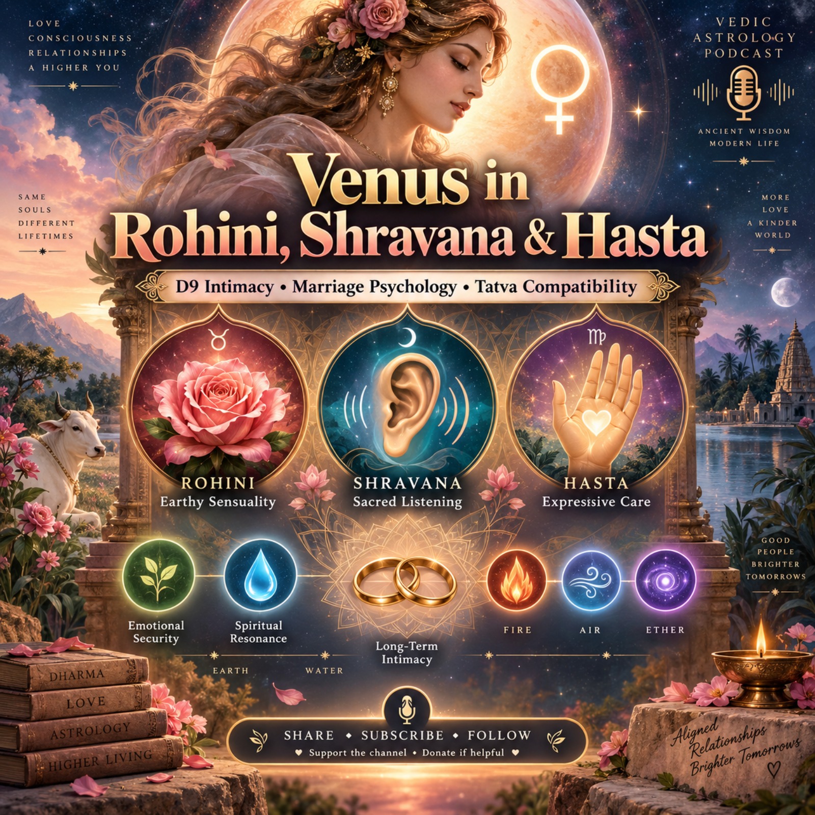 Venus in Rohini, Shravana & Hasta: D9 Intimacy, Marriage & Tatva Compatibility