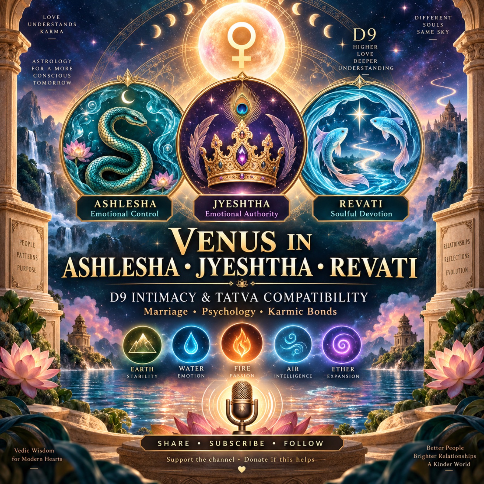 Venus in Ashlesha, Jyeshtha & Revati: D9 Intimacy, Tatva Compatibility & Karmic Marriage