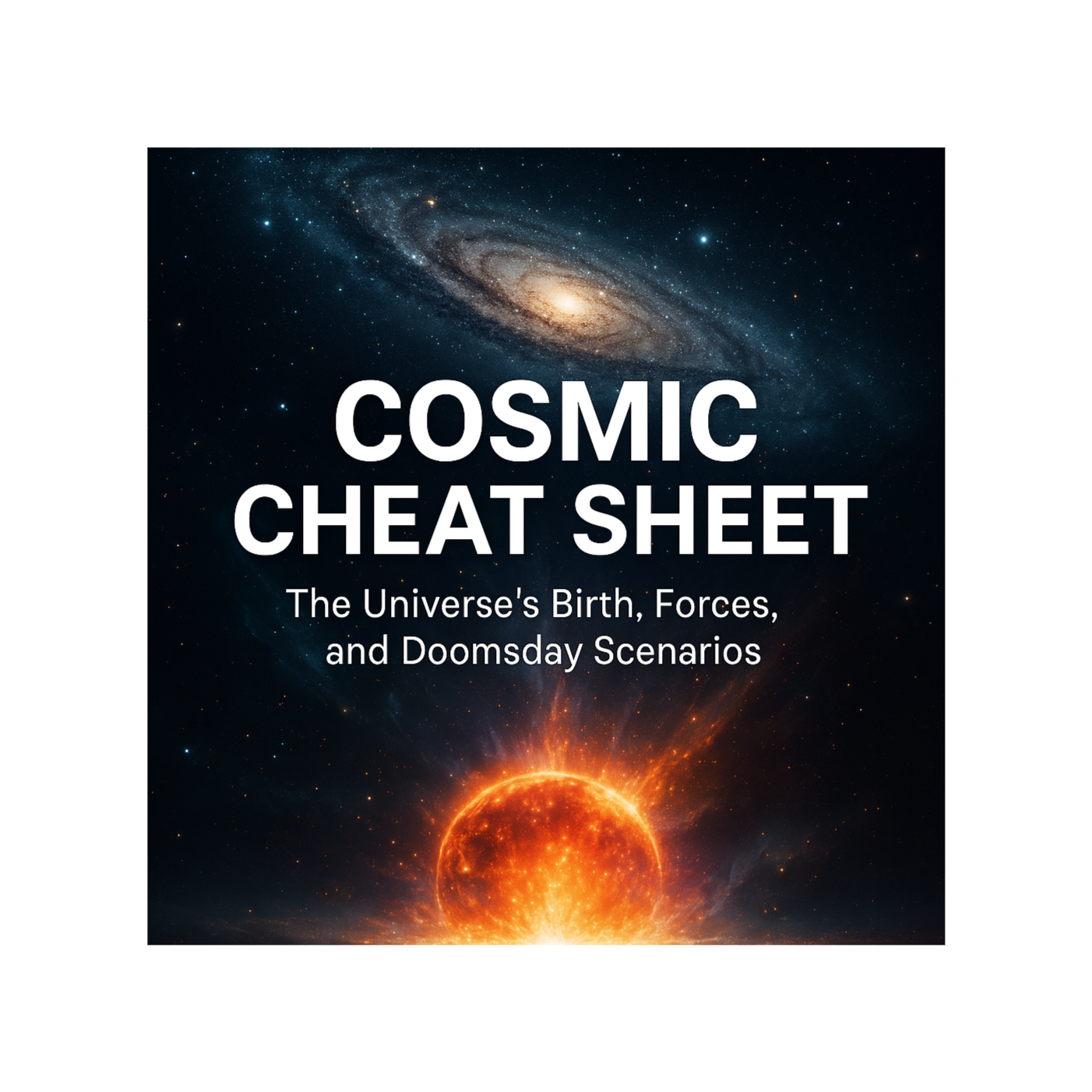 Cosmic cheat sheet, the universe birth forces and doomsday scenarios 