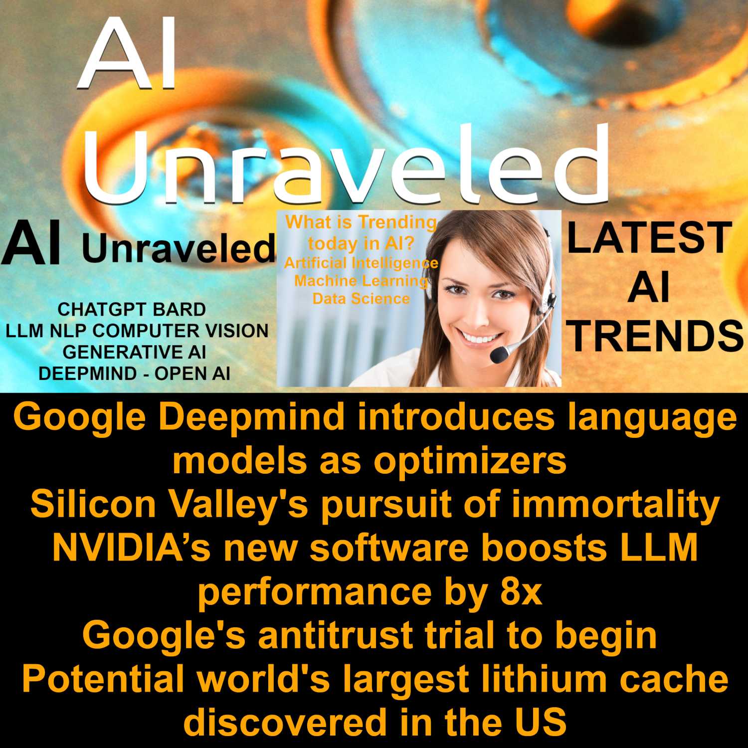 Google Deepmind introduces language models as optimizers; Silicon Valley's pursuit of immortality; NVIDIA’s new software boosts LLM performance by 8x; Google's antitrust trial to begin;  Potential world's largest lithium cache discovered in the US