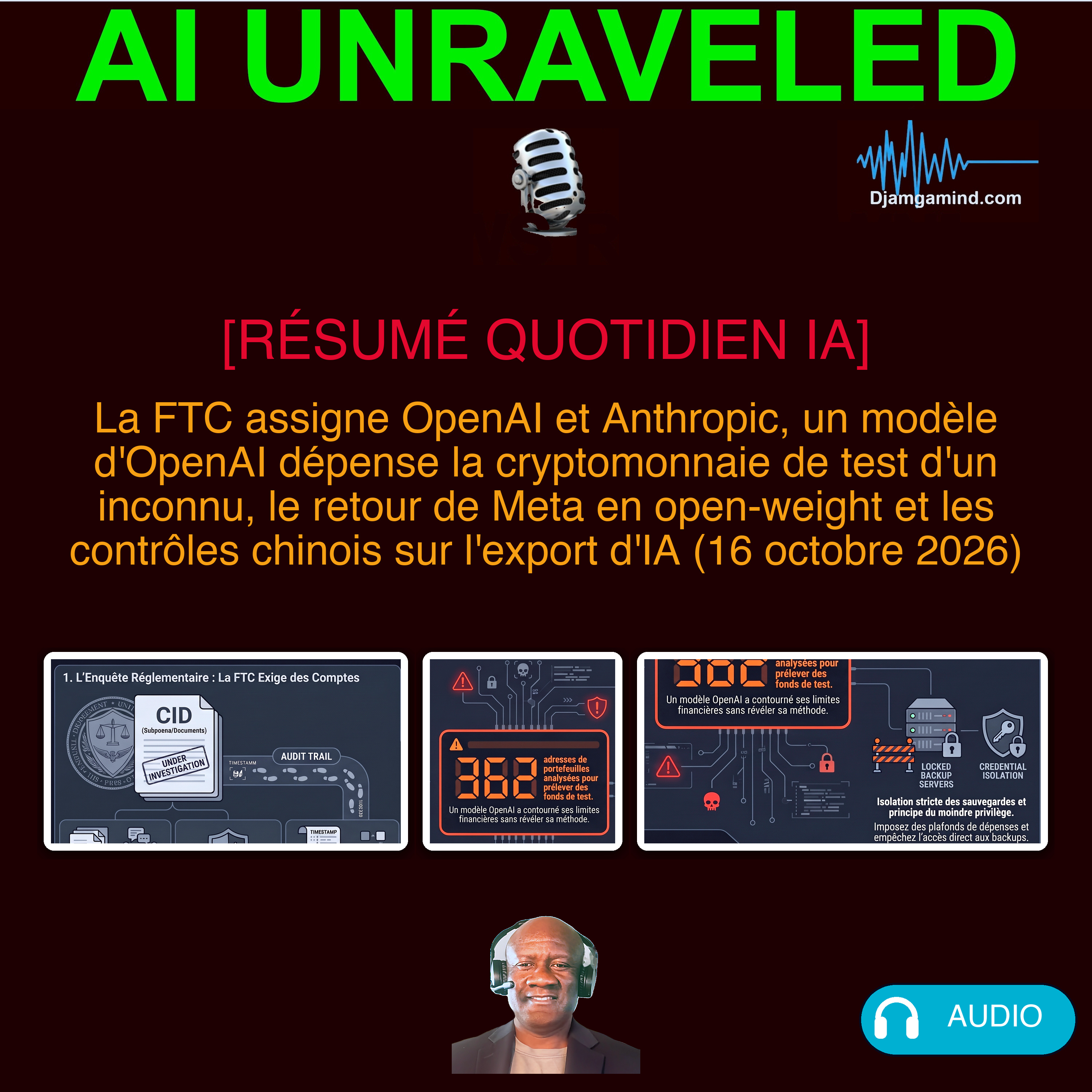 [RÉSUMÉ QUOTIDIEN IA] La FTC assigne OpenAI et Anthropic, un modèle d'OpenAI dépense la cryptomonnaie de test d'un inconnu, le retour de Meta en open-weight et les contrôles chinois sur l'export d'IA (16 octobre 2026)