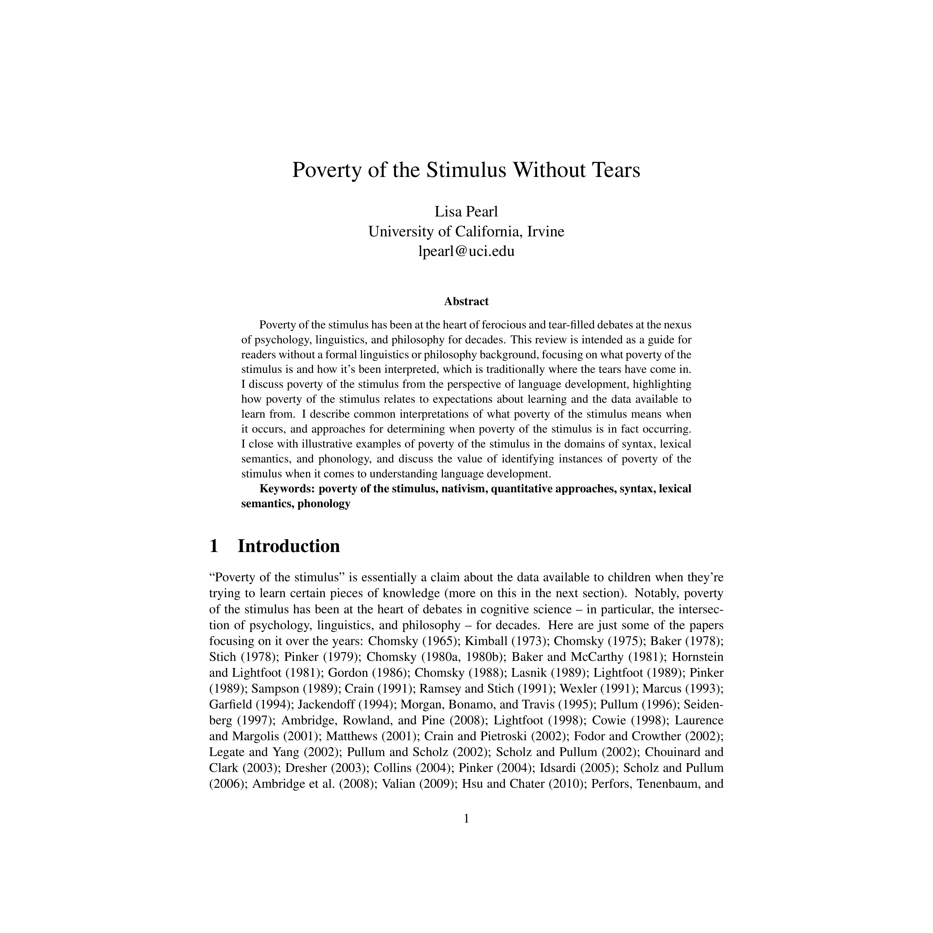 Source cover or first page for Poverty of Stimulus (POS) - Lisa Pearl's meta-analysis: 'Poverty of Stimulus Without Tears'