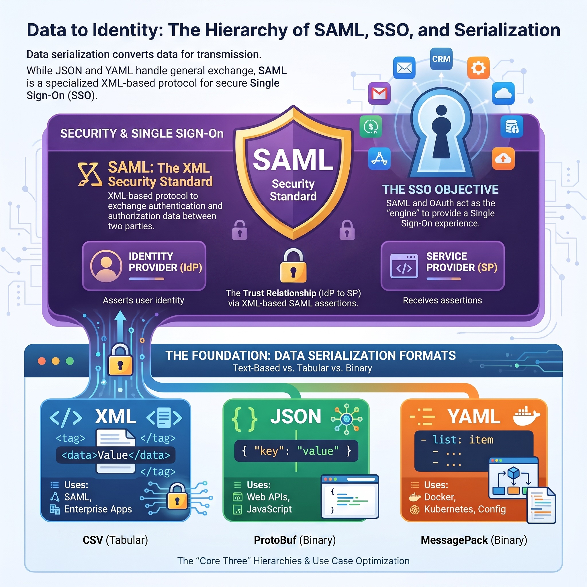 XML, JSON, YAML, CSV, SAML