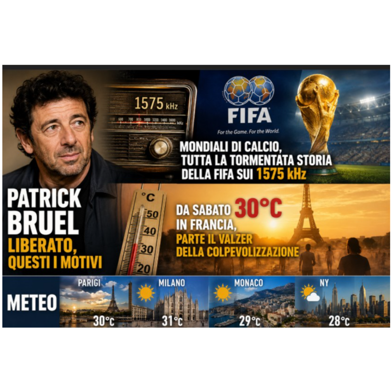 Patrick Bruel Liberato, questi i motivi - Mondiali di Calcio, tutta la tormentata storia della FIFA sui 1575 kHz - Da sabato 30C in Francia, parte il valzer della colpevolizzazione - Meteo Parigi Milano Monaco e NY  episode artwork