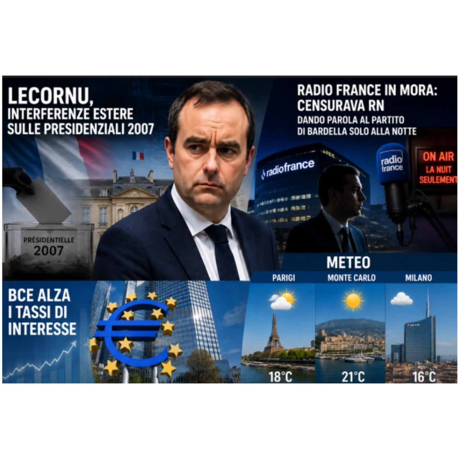 Lecornu, Interferenze Estere sulle Presidenziali 2027 - Radio France in mora: censurava RN dando parola al partito di Bardella solo alla Notte - BCE alza i tassi di interesse - Meteo Parigi Monte Carlo e Milano episode artwork