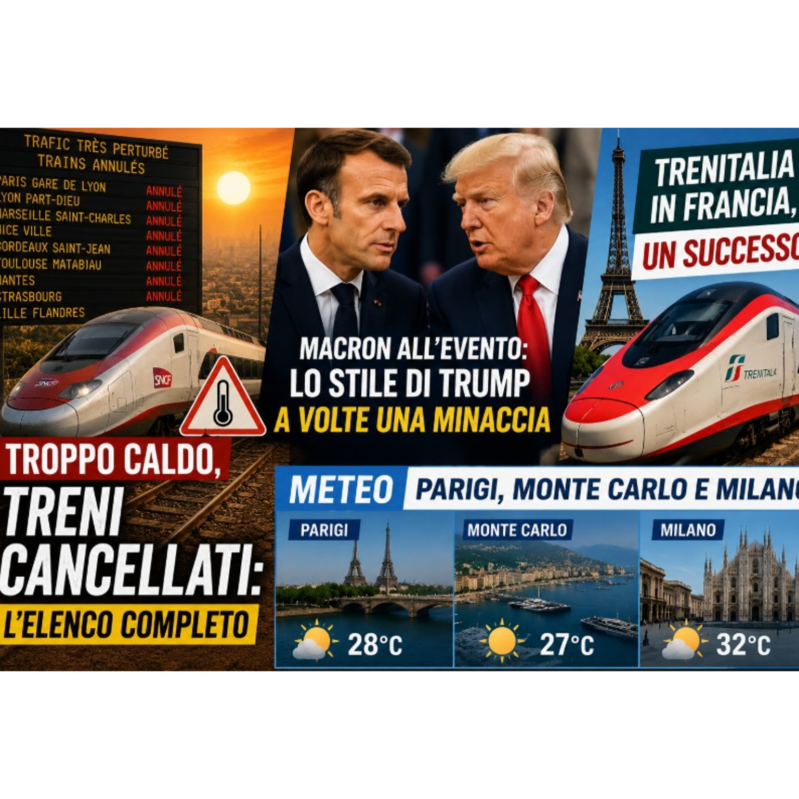 Troppo caldo, Treni cancellati: l'Elenco completo - Macron: Lo Stile di Trump a volte una minaccia - Trenitalia in Francia, un successo? - Meteo Parigi Monte Carlo e Milano episode artwork
