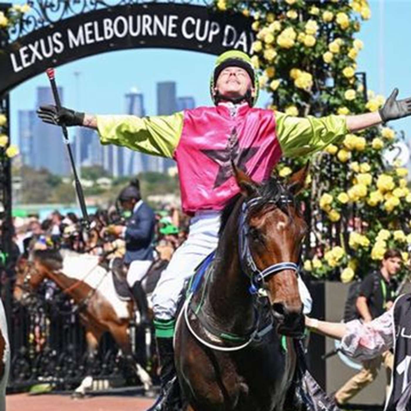 Melbourne Cup winning jockey Robbie Dolan with Mark and Caroline episode artwork