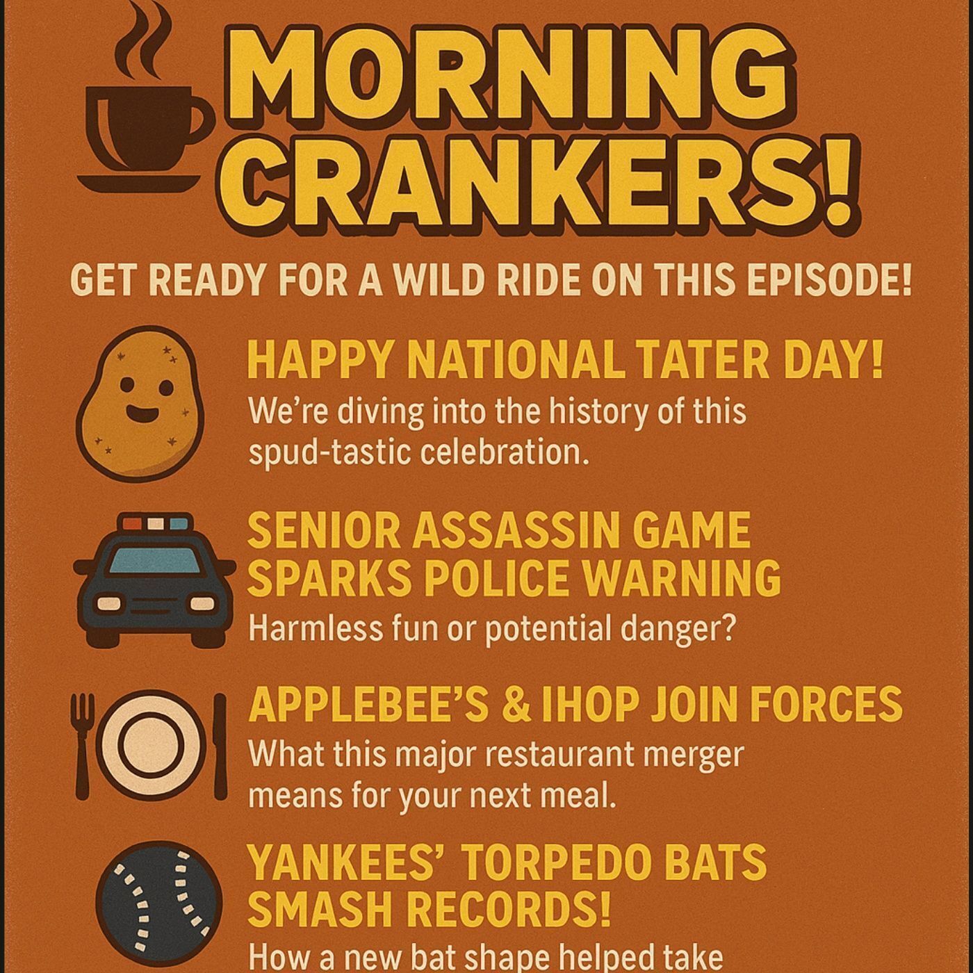 Morning Crankers – March 31, 2025: Tater Day, Senior Assassin Scare, Applebee’s & IHOP Merge, Yankees’ Torpedo Bats, & France vs. U.S. on DE episode artwork