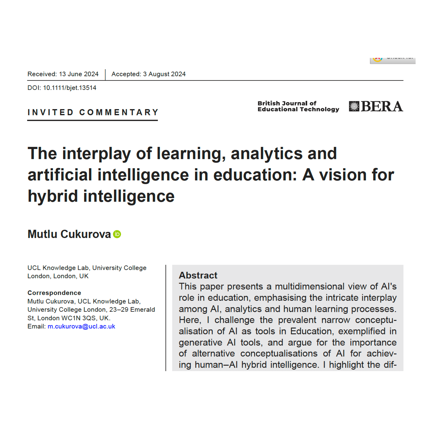 Podcast of my recent invited commentary paper on AI in Education - A vision for hybrid intelligence
