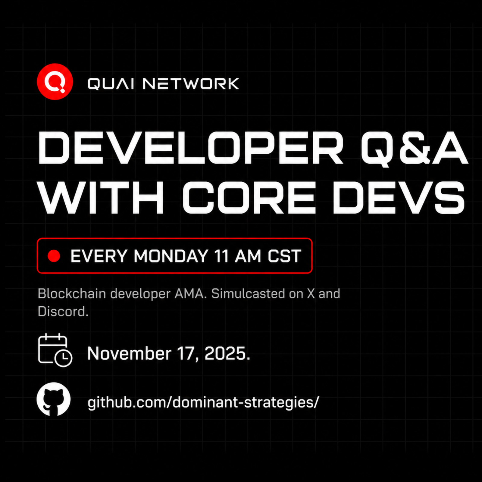 Nov 17, 2025 | Developer AMA – Miners vs Grinders, Emissions vs Hashrate, Min $QUAI Buybacks | Quai Network X-Space AMA episode artwork