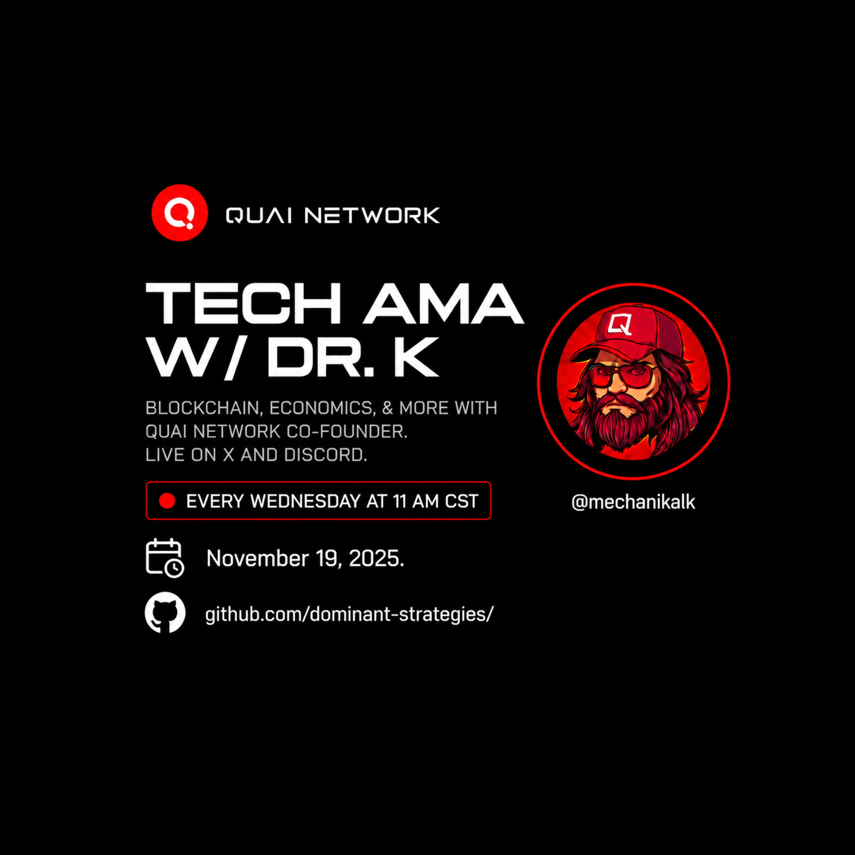 Nov 19, 2025 | Tech AMA with Dr. K - PoW, SOAP testnet, market incentive design, time | Quai Network X-Space AMA episode artwork