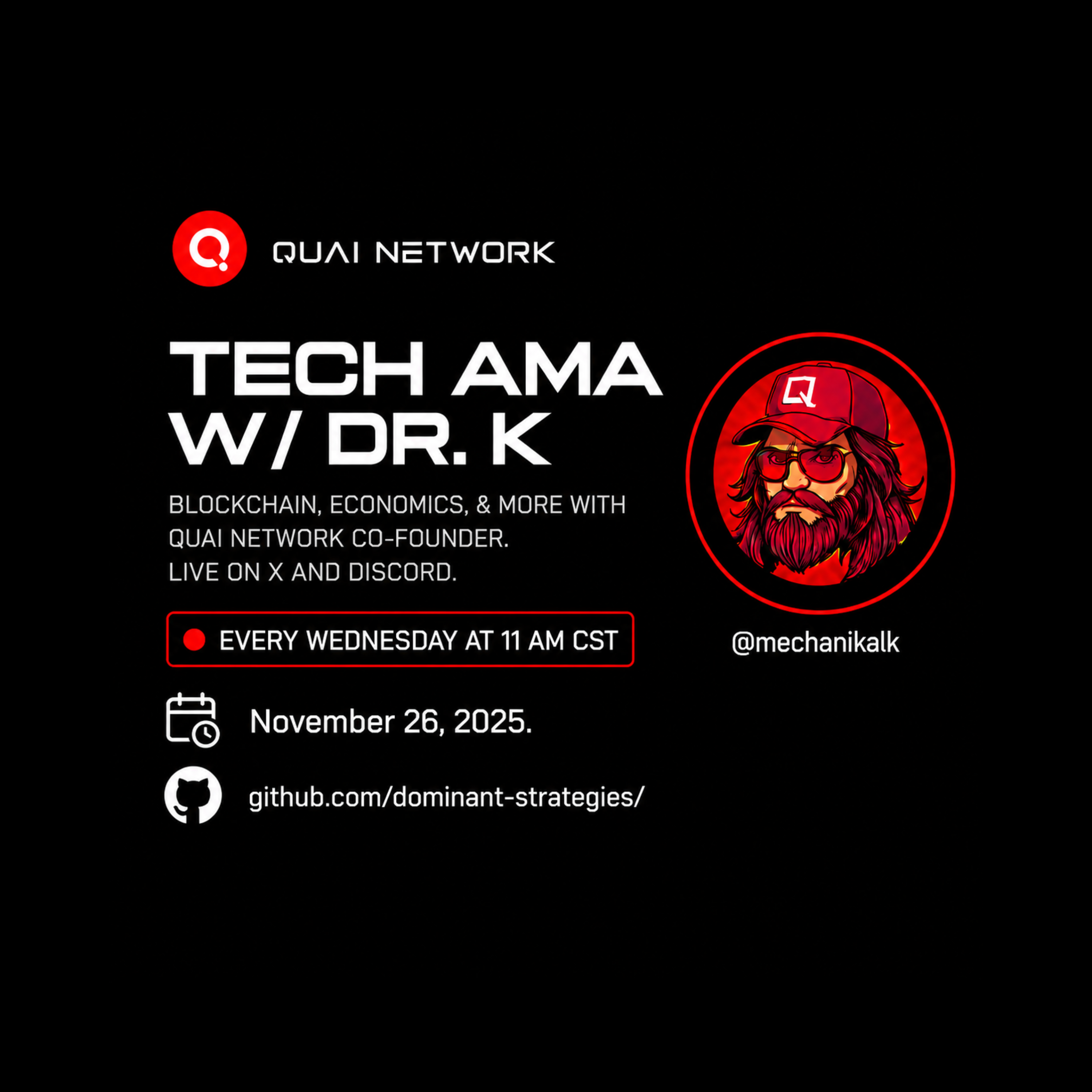 Nov 26, 2025 | Tech AMA with Dr. K - Buybacks Protocol SOAP Progress, Quai vs Qi Dynamics | Quai Network X-Space AMA episode artwork