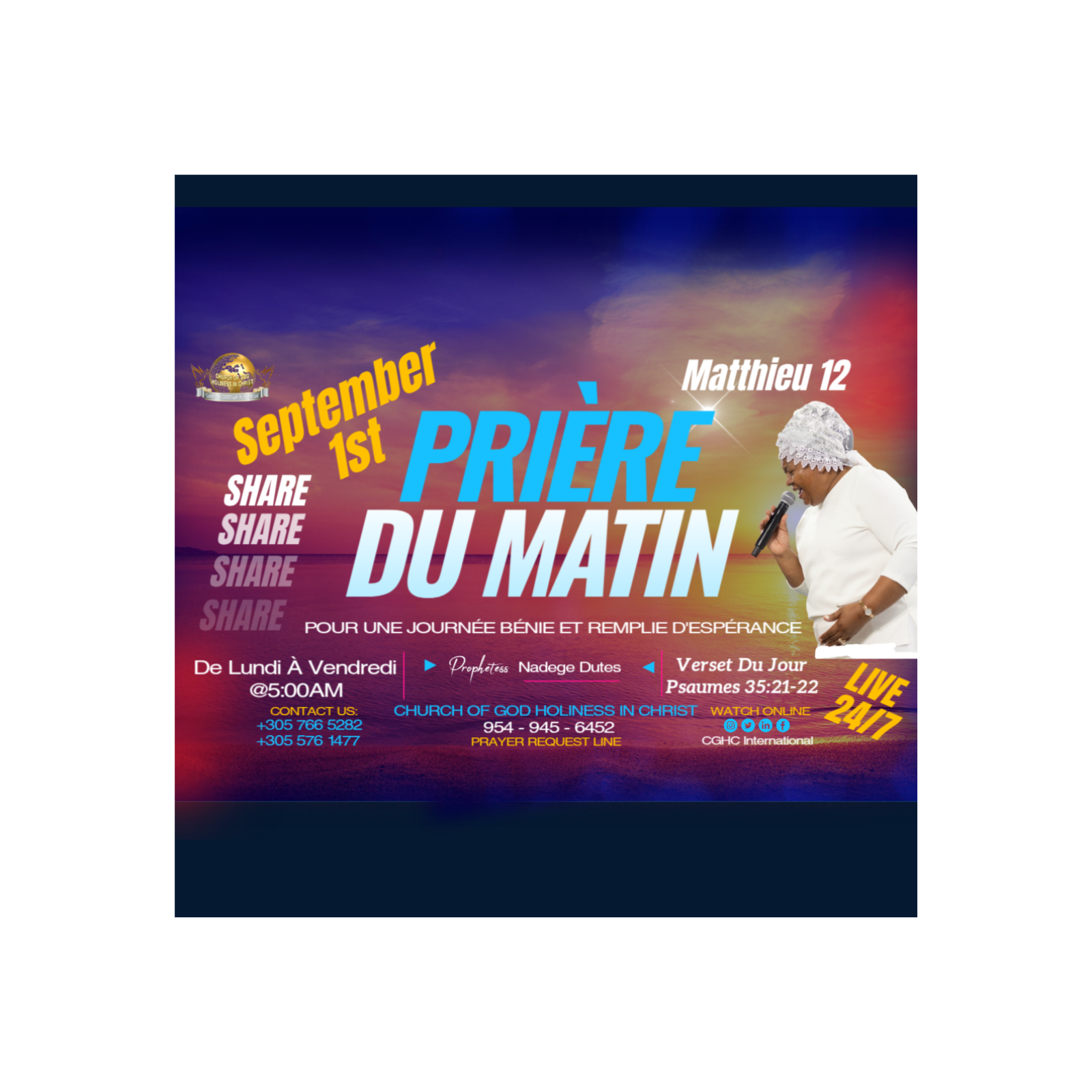 PRIÈRE DU MATIN - Matthieu 12 - September 1, 2025 - RADIO TELE D'HONNEUR - POUR UNE JOURNÉE BÉNIE ET REMPLIE D'ESPÉRANCE - CGHC INTERNATIONAL - EGLISE DE DIEU SAINTETÉ EN CHRIST