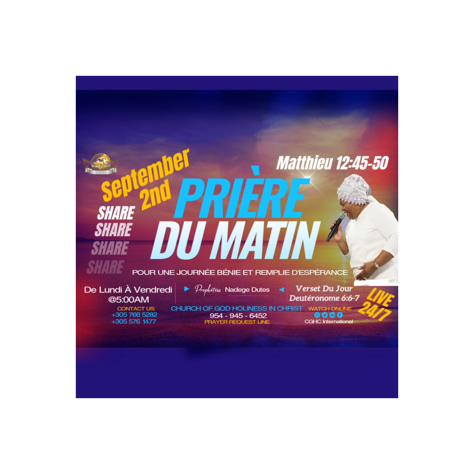 PRIÈRE DU MATIN - Matthieu 12:45-50 - September 2, 2025 | RADIO TELE D'HONNEUR | POUR UNE JOURNÉE BÉNIE ET REMPLIE D'ESPÉRANCE | CGHC INTERNATIONAL | EGLISE DE DIEU SAINTETÉ EN CHRIST