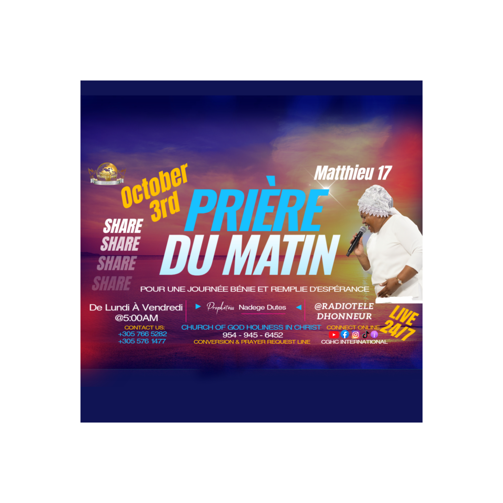 PRIÈRE DU MATIN - Matthieu 17 - October 3, 2025 | RADIO TELE D'HONNEUR | POUR UNE JOURNÉE BÉNIE ET REMPLIE D'ESPÉRANCE | CGHC INTERNATIONAL | EGLISE DE DIEU SAINTETÉ EN CHRIST | Prophetesse Dr Nadege Dutes