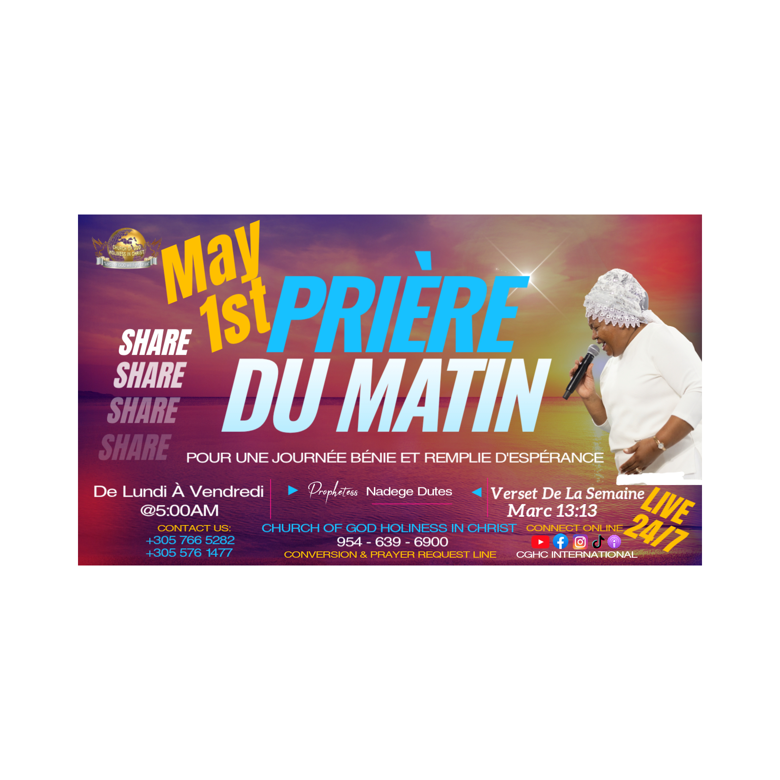 May 1 - PRIÈRE DU MATIN | RADIO TELE D'HONNEUR | POUR UNE JOURNÉE BÉNIE ET REMPLIE D'ESPÉRANCE | CGHC INTERNATIONAL | EGLISE DE DIEU SAINTETÉ EN CHRIST | Prophetesse Dr Nadege Dutes | May 1, 2026
