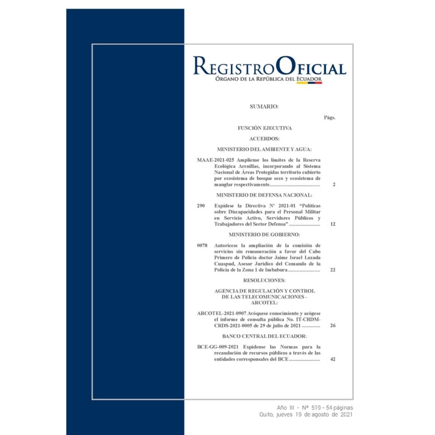 Registro Oficial N° 519 del jueves, 19 de agosto de 2021