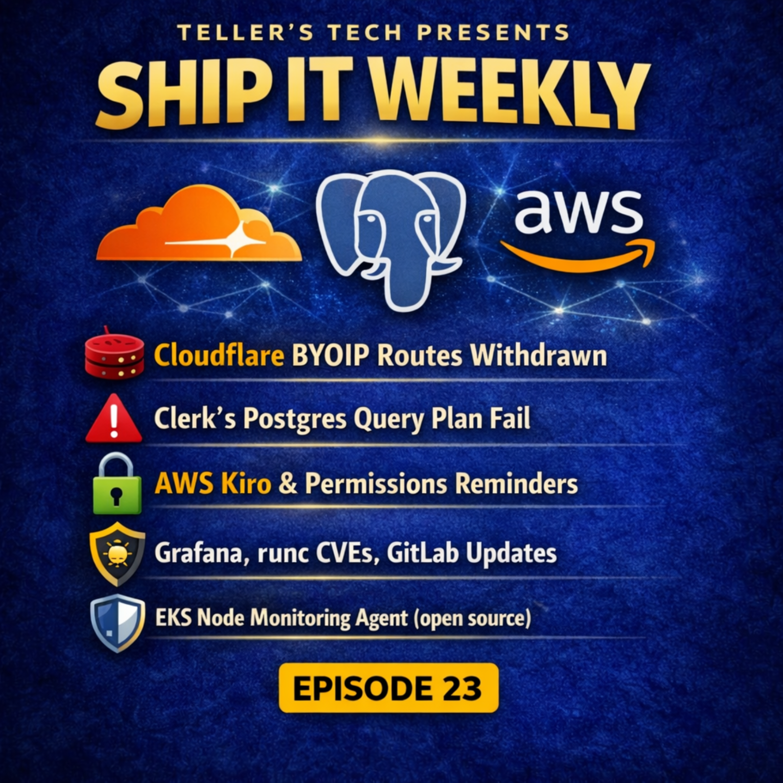 Cloudflare BYOIP BGP Withdrawals, Clerk’s Postgres Query-Plan Flip Outage, and AWS Kiro Permissions Lessons (Grafana Privesc + runc CVEs) - Episode Cover