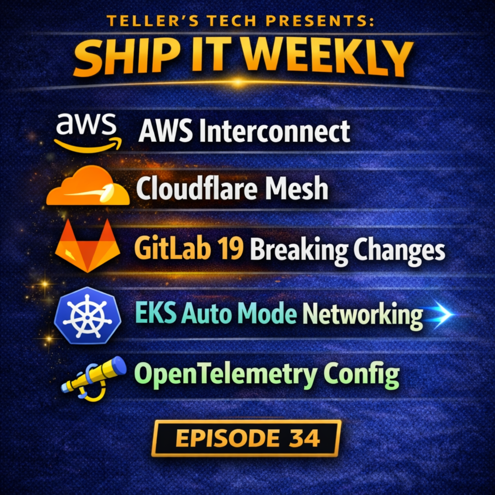 AWS Interconnect GA, Cloudflare Mesh, GitLab 19, EKS Auto Mode, and OpenTelemetry Config - Episode Cover