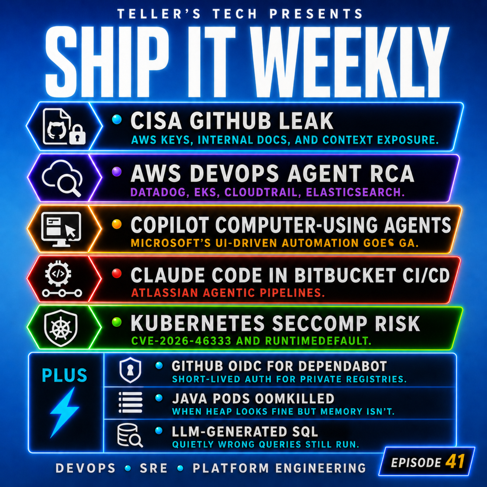 CISA&rsquo;s GitHub Leak, AI Root Cause Analysis, Copilot Agents, Claude Code in CI/CD, and Kubernetes Seccomp Risk - Episode Cover