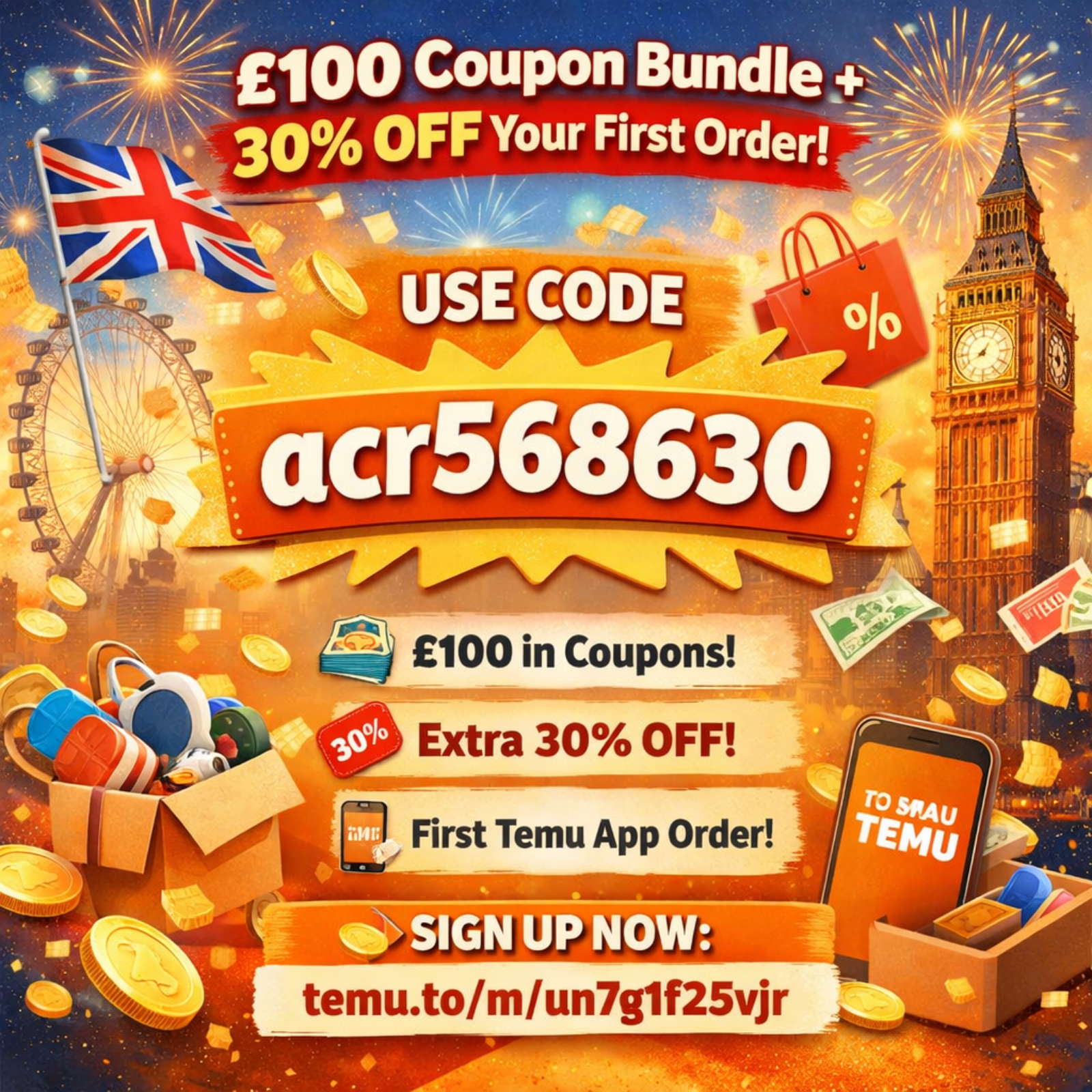 💥 Temu UK Coupon Code [acr568630] – Get £100 in Coupons + 30% Off Your First Order cover art
