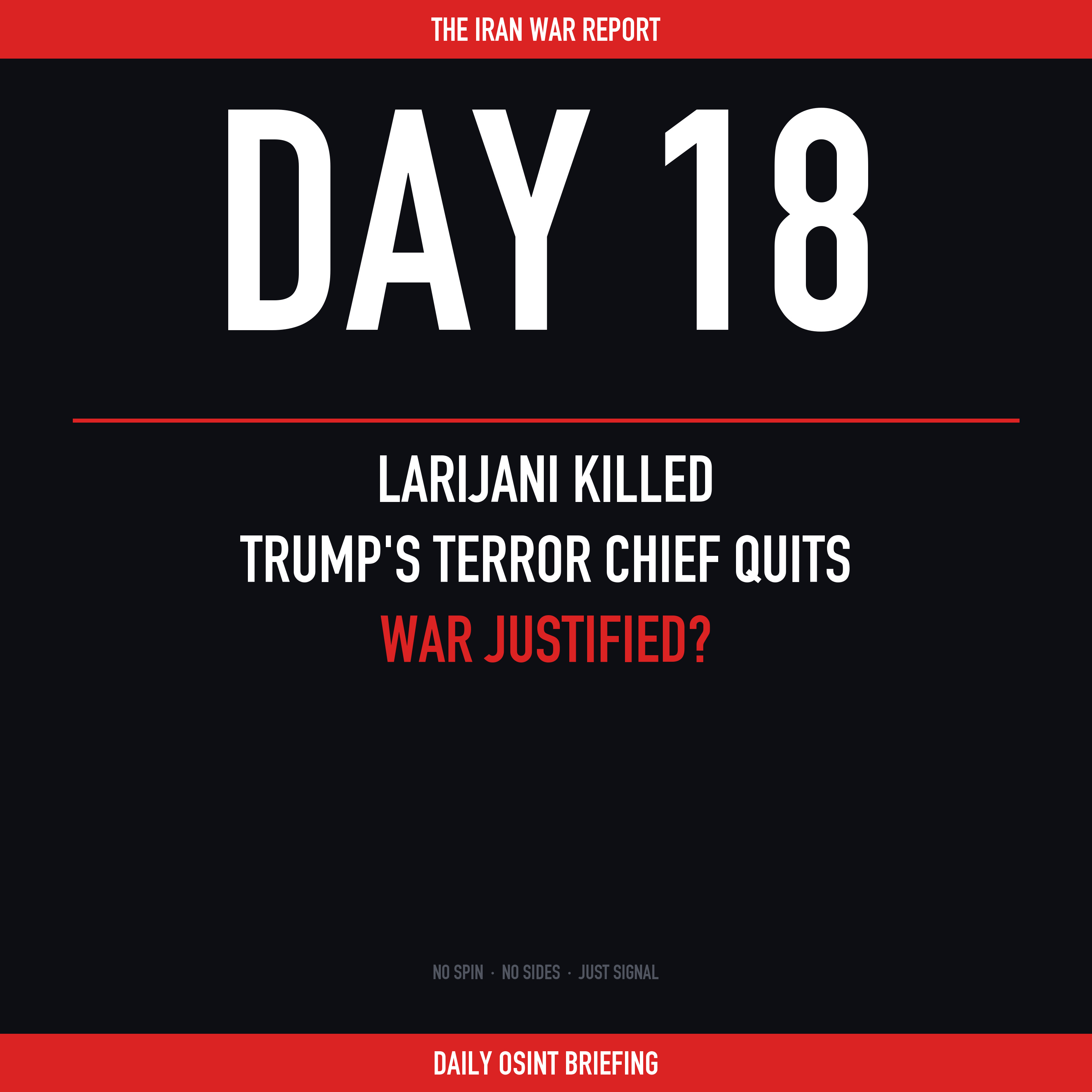 Day 18: Larijani Killed, Trump's Terror Chief Quits, War Justified?