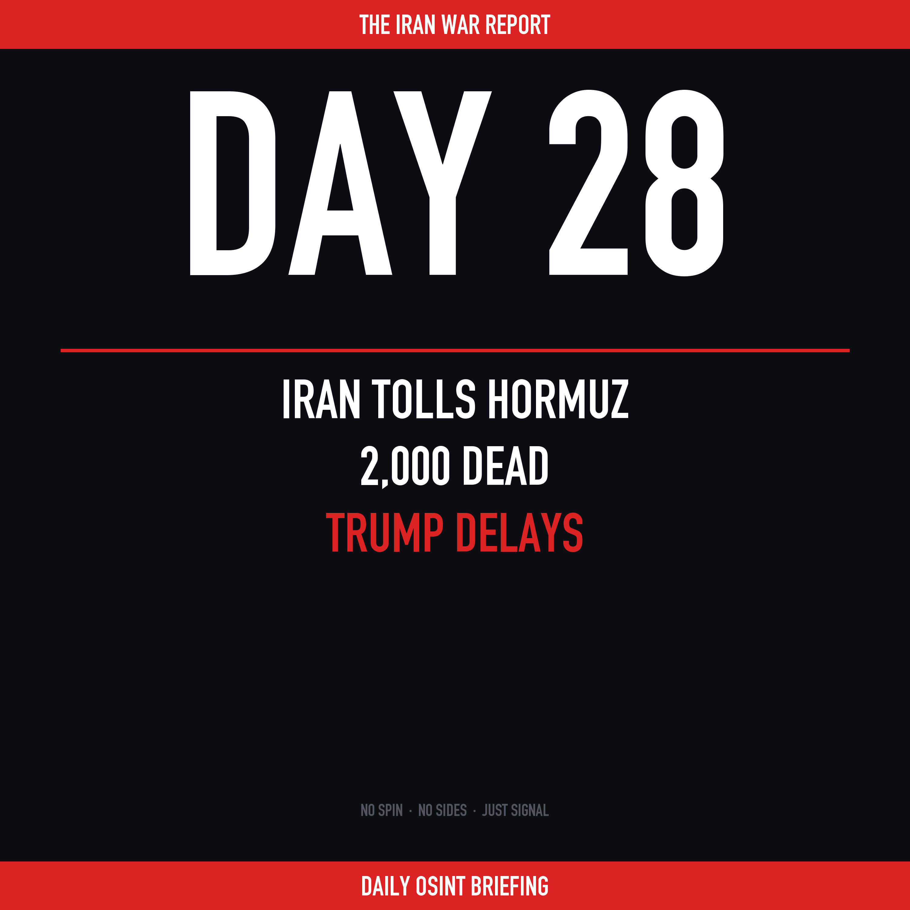 Day 28: Iran Tolls Hormuz, 2,000 Dead, Trump Delays