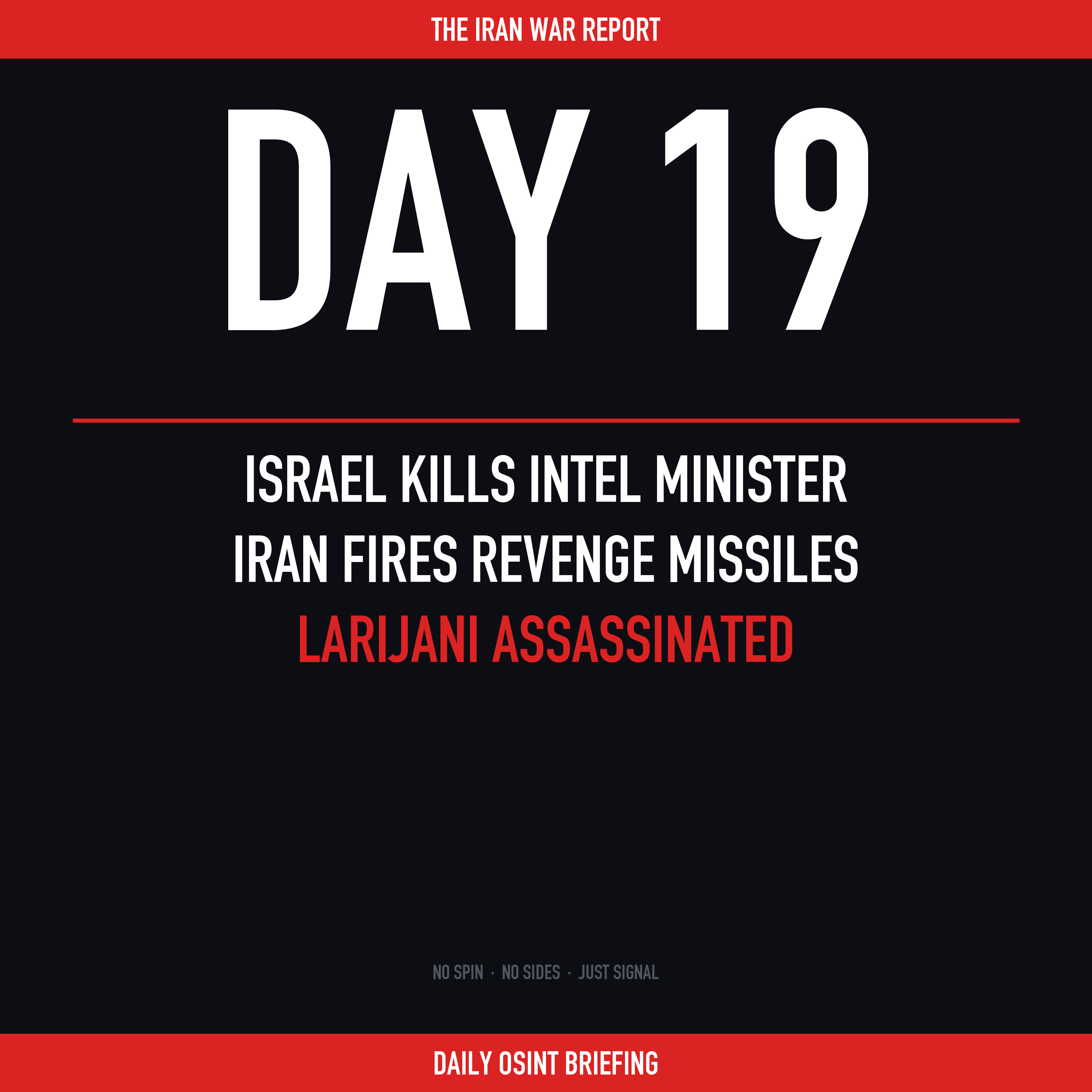Day 19: Israel Kills Intel Minister, Iran Fires Revenge Missiles, Larijani Assassinated