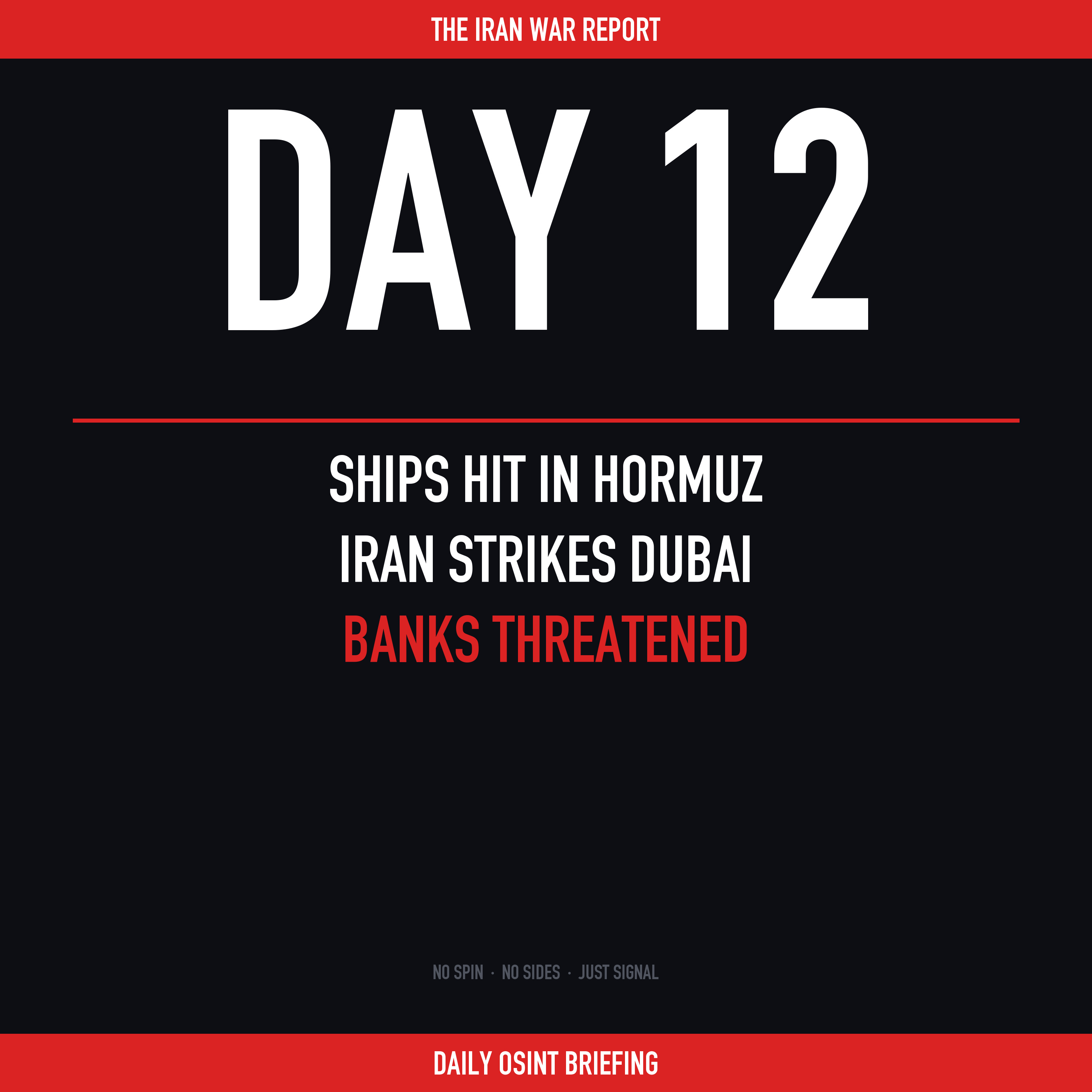 Day 12: Ships Hit in Hormuz, Iran Strikes Dubai, Banks Threatened