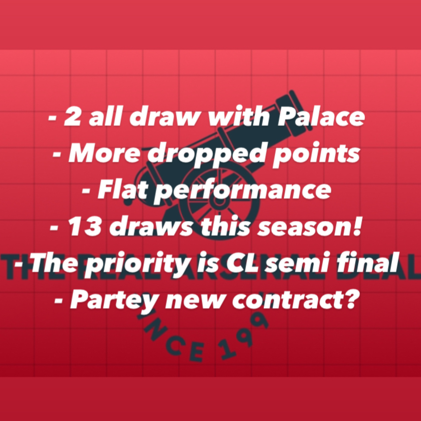 Lacklustre Arsenal drew 2-2 with Palace in a flat performance. More dropped points however eyes are firmly on the champions league! episode artwork