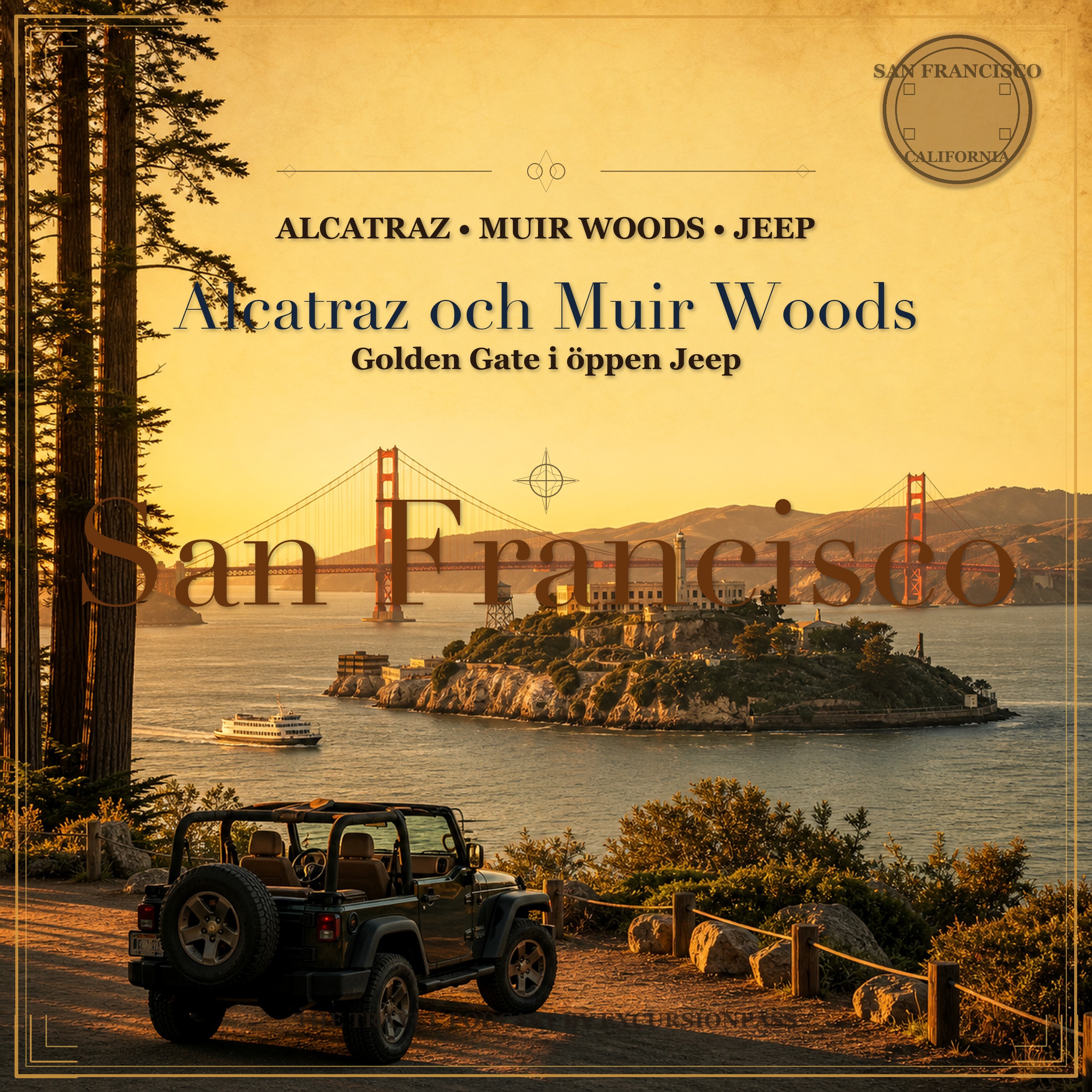 Alcatraz-färja och Cellhouse + privat Muir Woods och Golden Gate i öppen Jeep