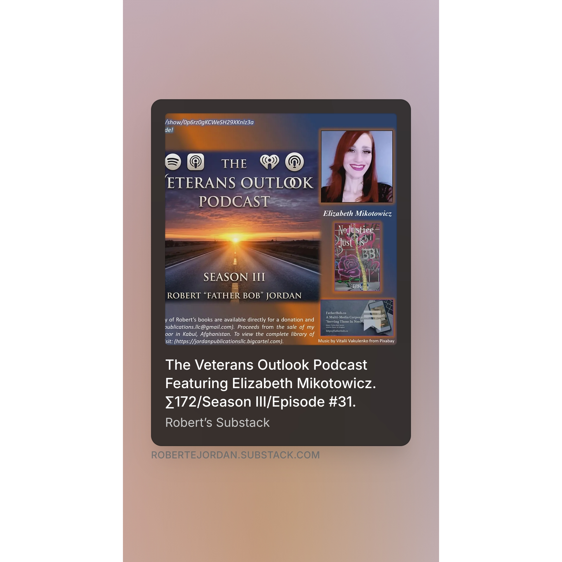 The Veterans Outlook Podcast Featuring Elizabeth Mikotowicz. ∑172/Season III/Episode #31. episode artwork