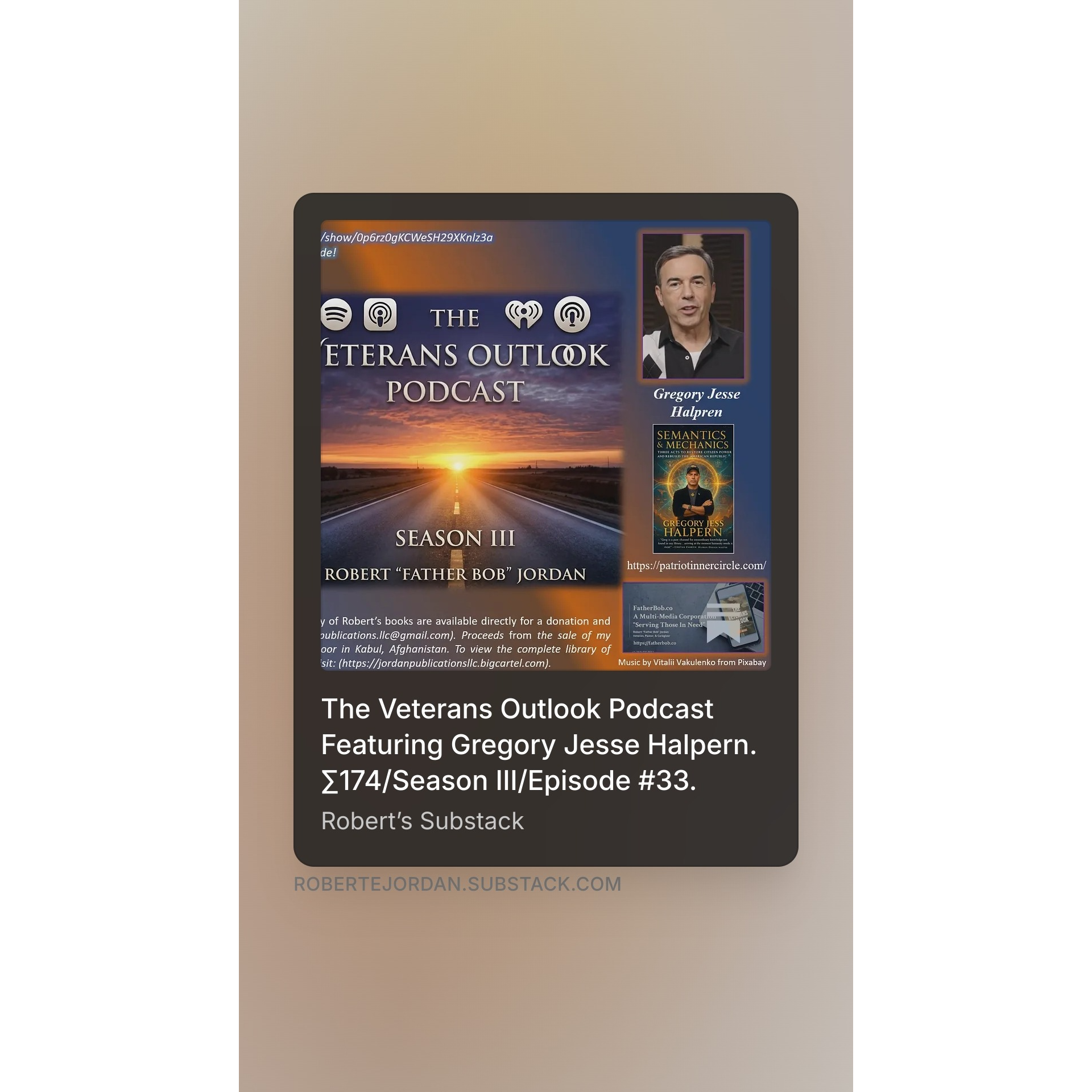The Veterans Outlook Podcast Featuring Gregory Jesse Halpern. ∑174/Season III/Episode #33. episode artwork