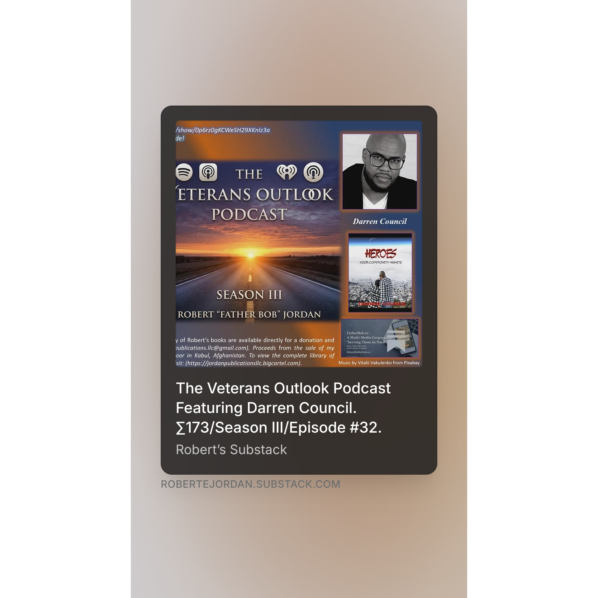 The Veterans Outlook Podcast Featuring Darren Council. ∑173/Season III/Episode #32. episode artwork